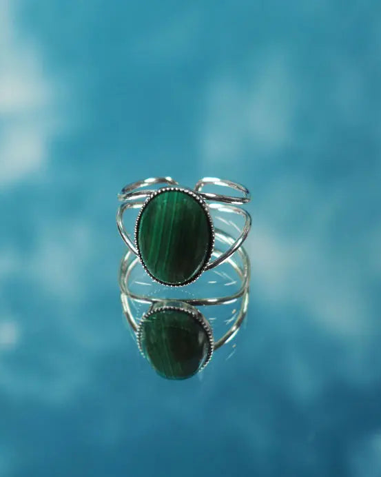 gauhart bijoux bague jaipur argenté ajustable pierre cabochon verte malachite