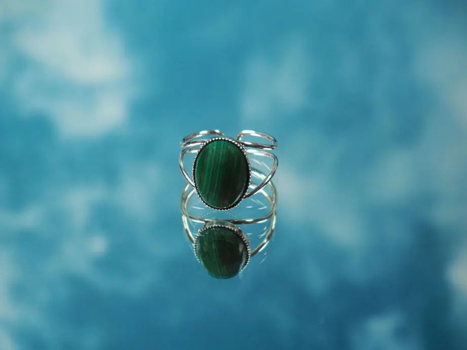 gauhart bijoux bague jaipur argenté ajustable pierre cabochon verte malachite