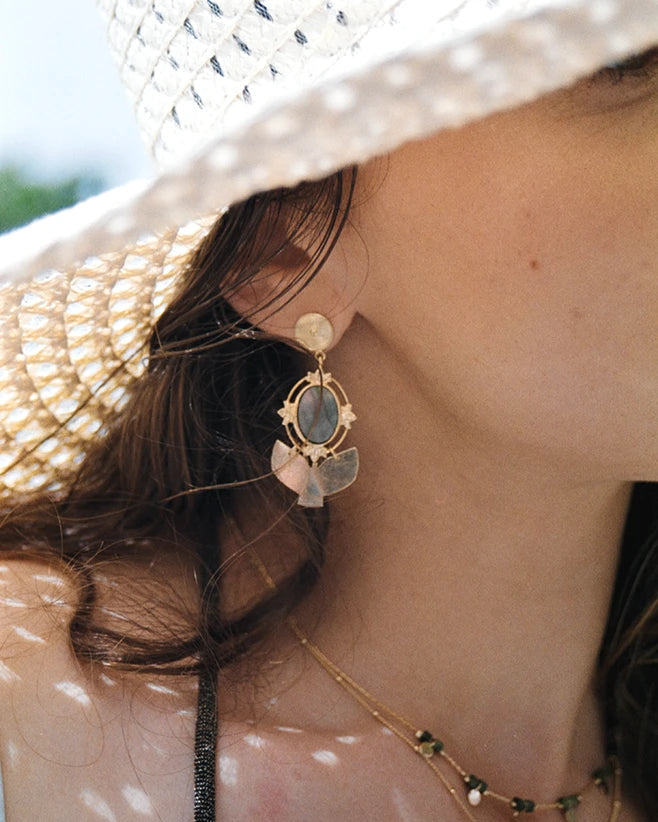 Zoom sur la boucle d’oreilles nacre grise Inaya portée, bijou doré à cabochon irisé et détails floraux, sous un jeu d’ombre projeté par un chapeau de paille.