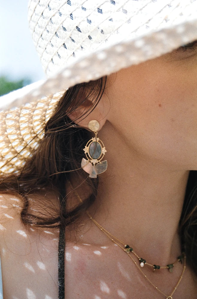 Zoom sur la boucle d’oreilles nacre grise Inaya portée, bijou doré à cabochon irisé et détails floraux, sous un jeu d’ombre projeté par un chapeau de paille.