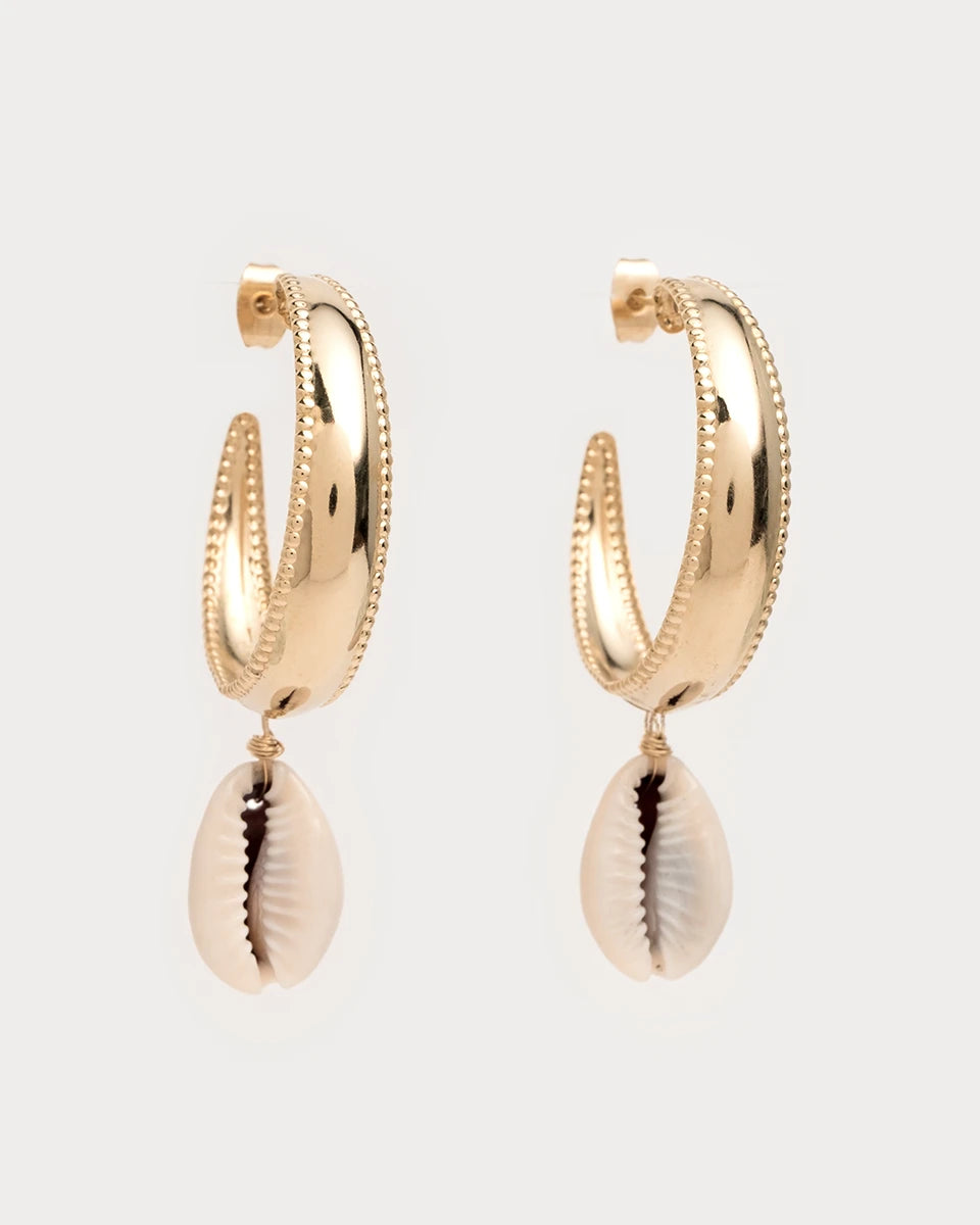 Paire de créoles dorées texturées en laiton avec pendentifs coquillages cauri naturels, photographiée sur fond blanc.