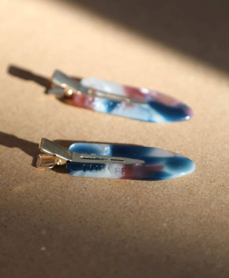 Paire de barrettes maquillage Élysée tricolores bleu rouge ivoire – accessoires cheveux femme