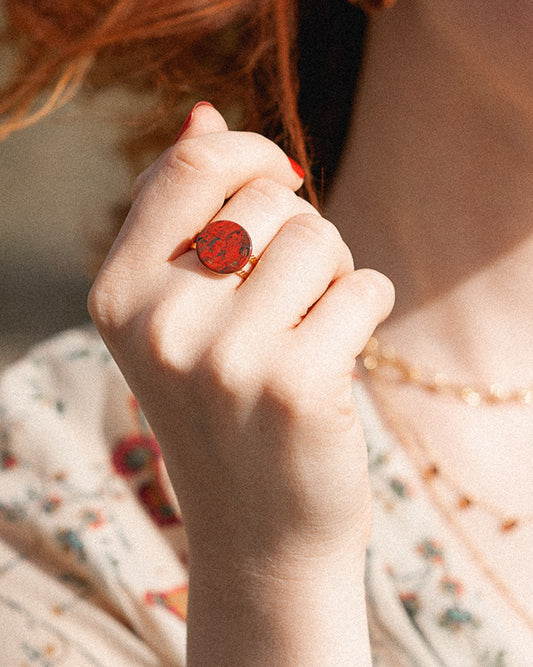 gauhart bijoux bague palire double ajustable pierre rouge jaspe breschia portée