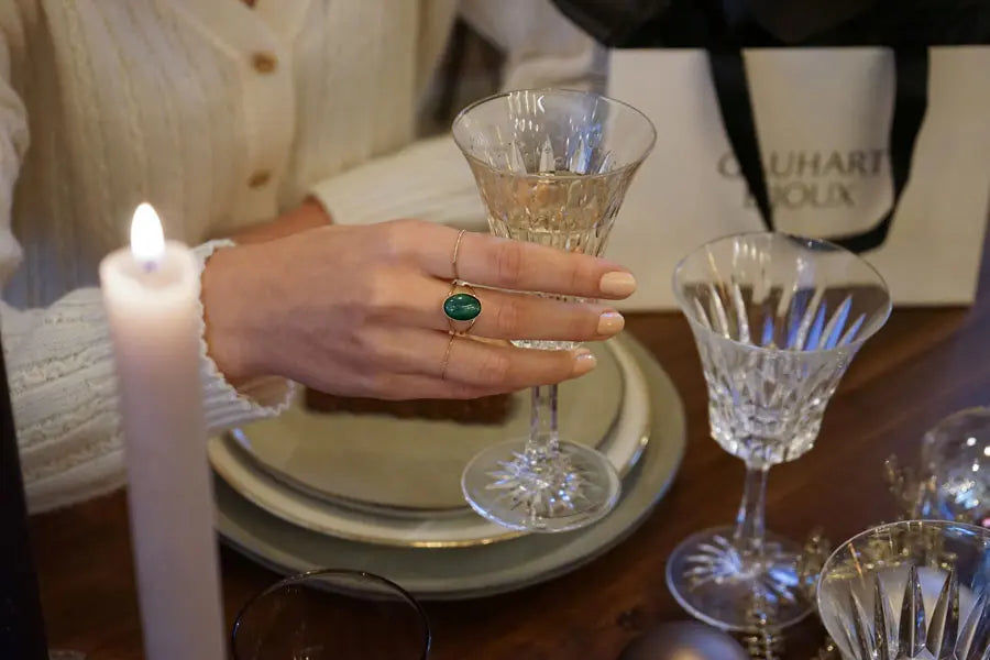 gauhart bijoux bague jaipur doré ajustable pierre cabochon verte malachite