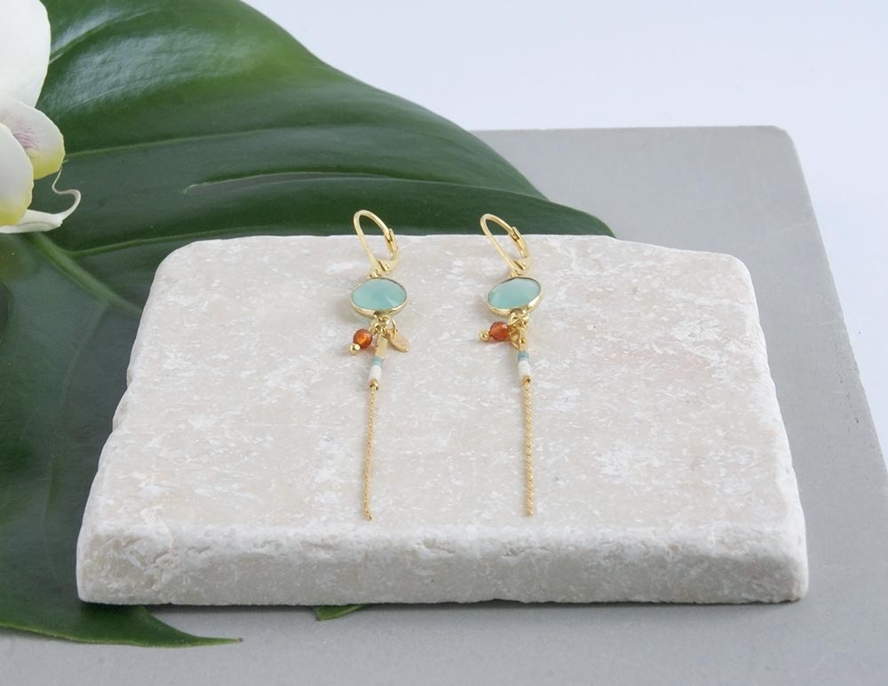 gauhart bijoux boucles d'oreilles bali or calcédoine bleue