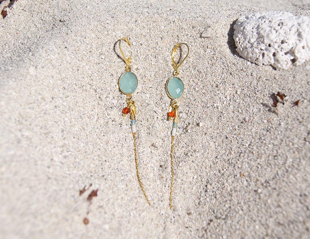 gauhart bijoux boucles d'oreilles bali or calcédoine bleue