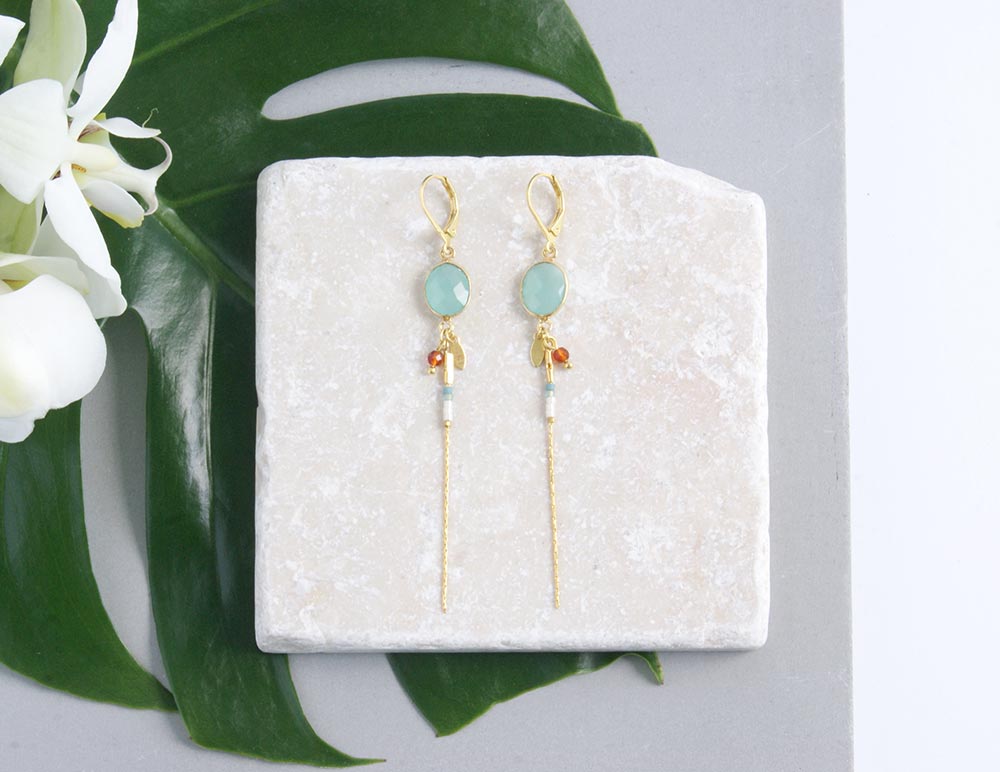 gauhart bijoux boucles d'oreilles bali or calcédoine bleue
