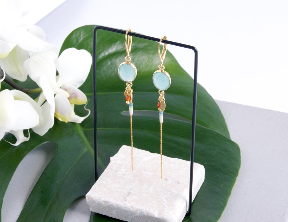 gauhart bijoux boucles d'oreilles bali or calcédoine bleue