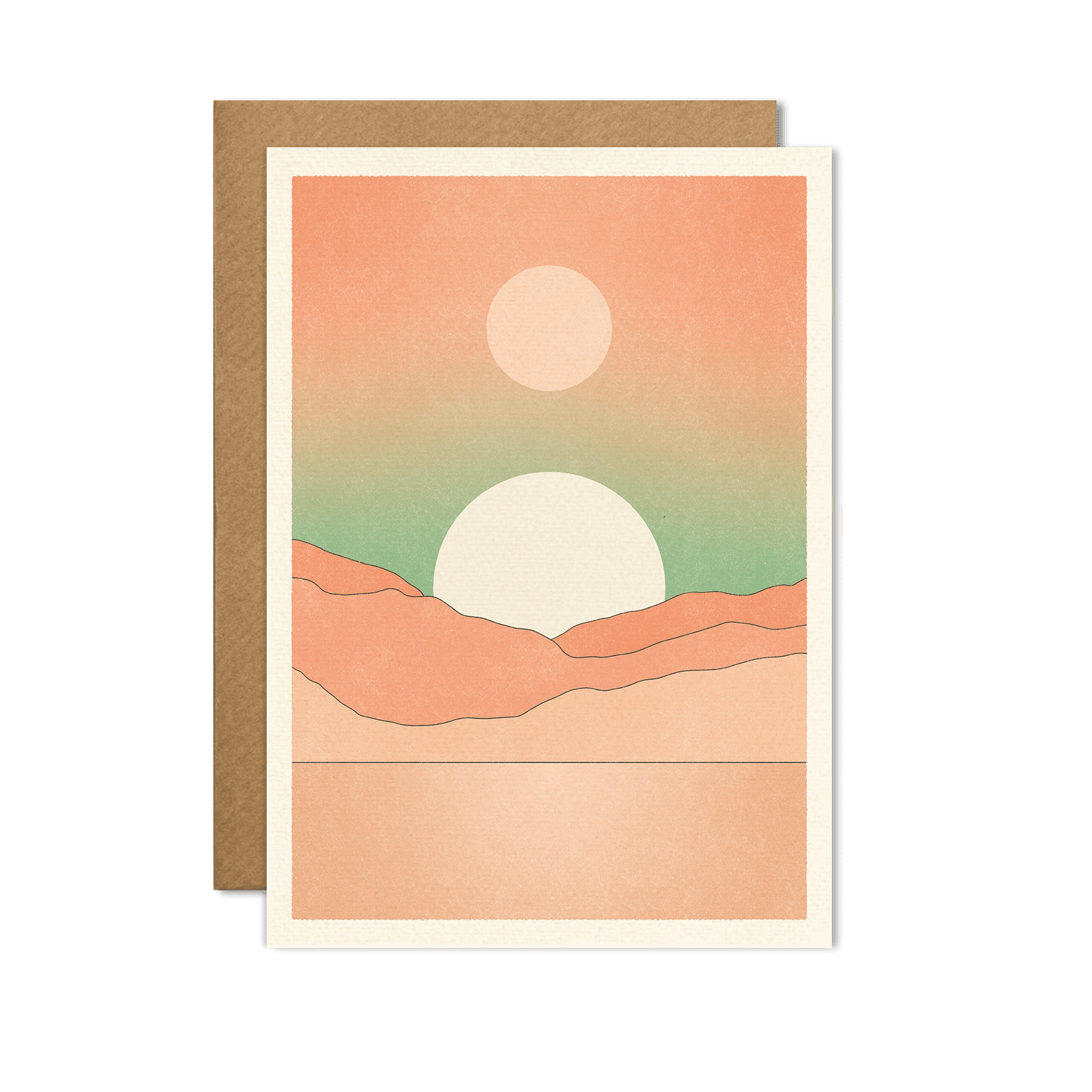 une illustration d'une soleil qui secouche sur un paysage de montagnes