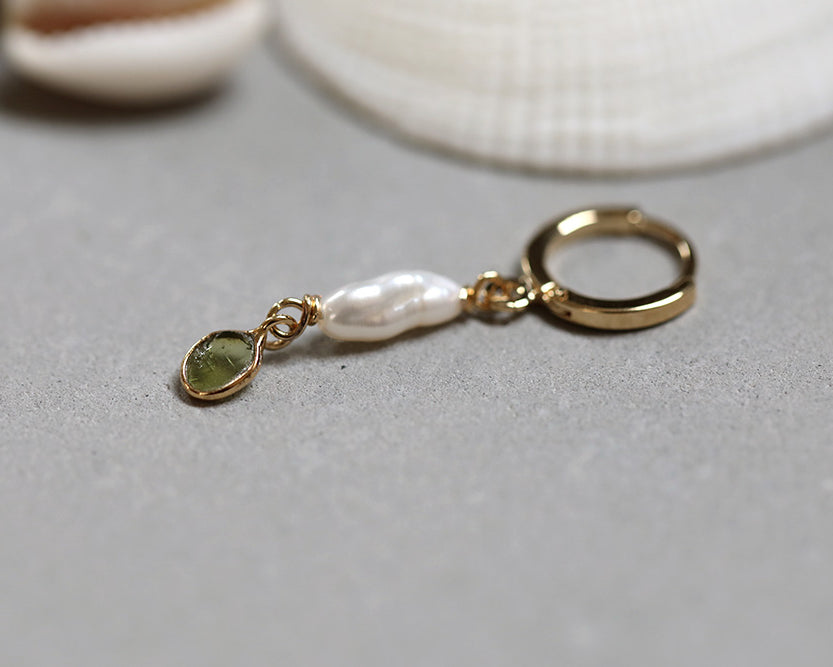 gauhart bijoux boucles d'oreilles unité mini créoles ravi or perle de culture tourmaline verte