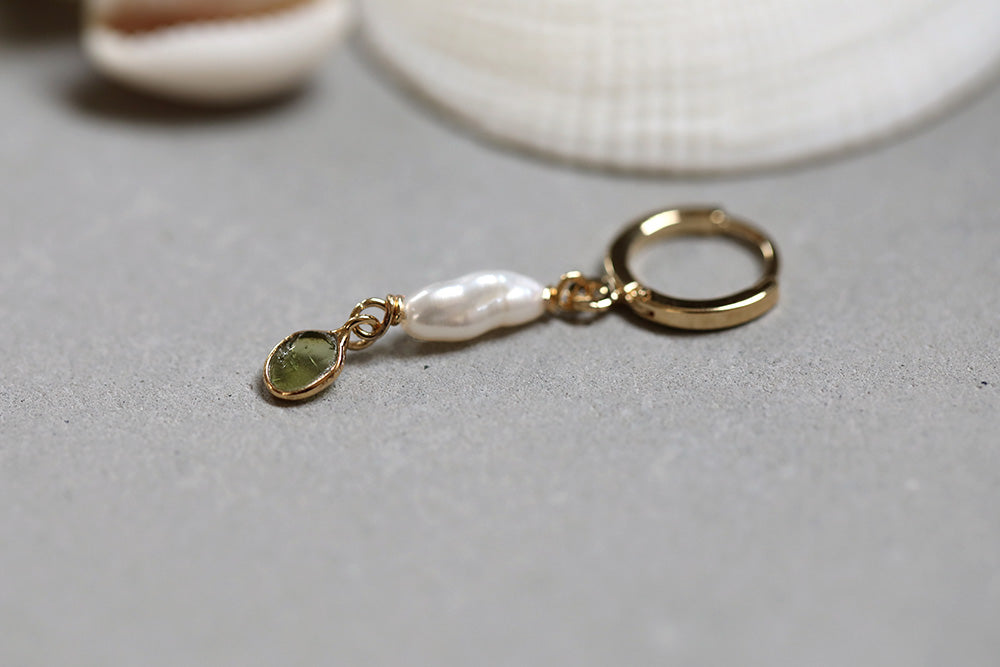 gauhart bijoux boucles d'oreilles unité mini créoles ravi or perle de culture tourmaline verte